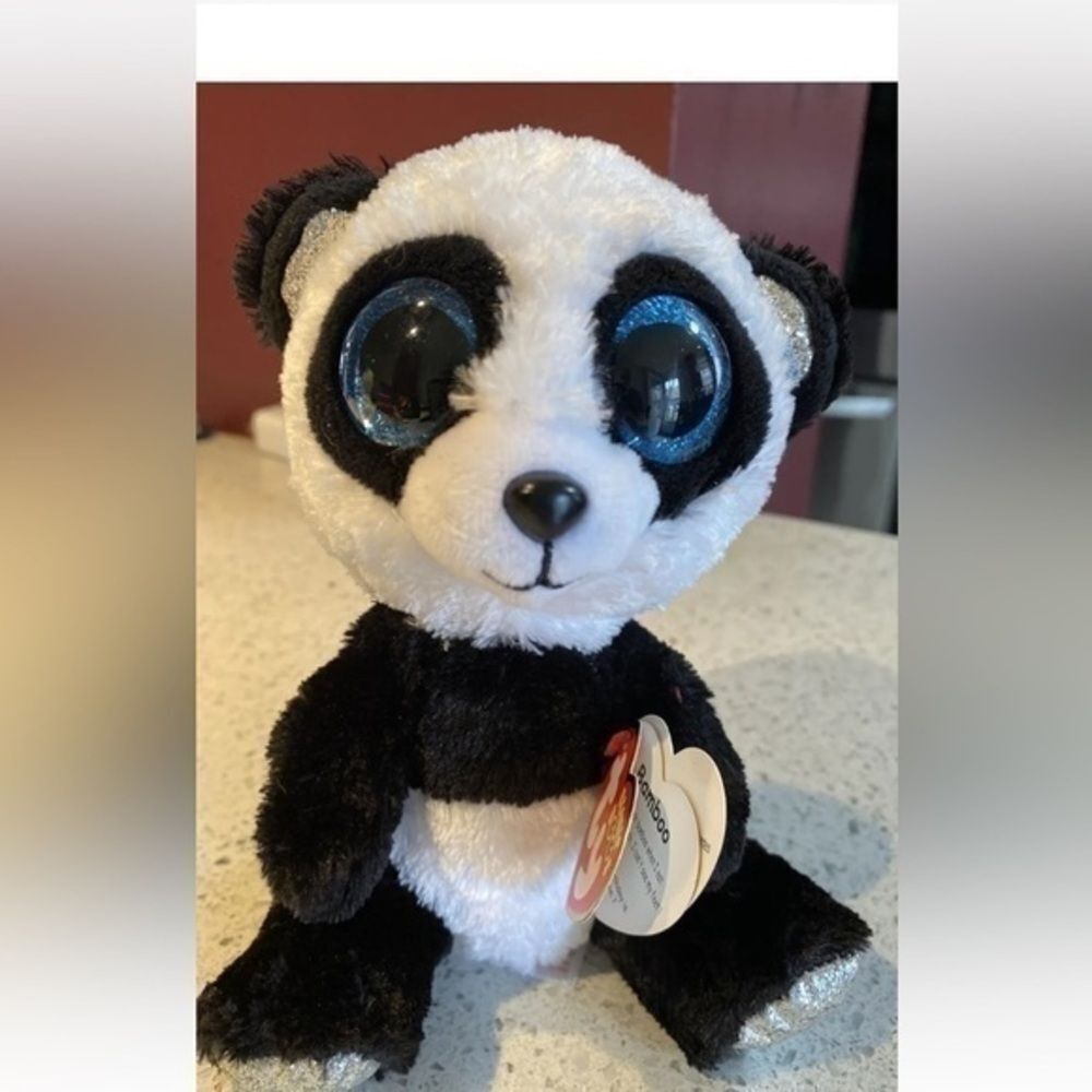 BAMBOO the 6" Panda TY Beanie Boo -Glitter BLUE Eyes - No Ear Tag